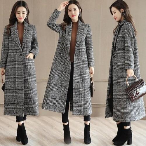 Grid Printed Long Wool Coat For Women Elegant Autumn Winter Single Breasted Ladies Long Sleeve Outerwear Parka Jacket Vintage