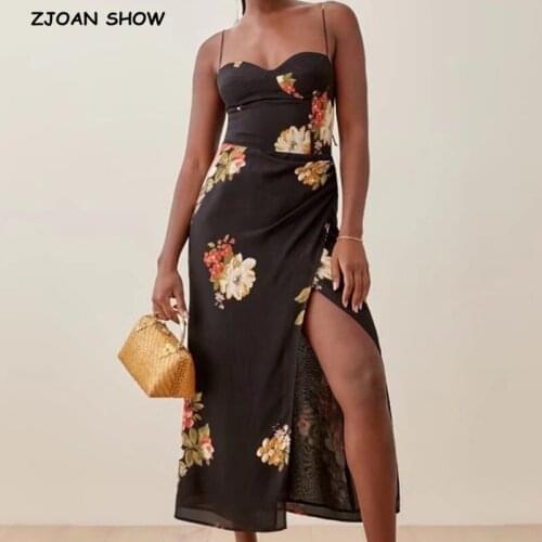 2021 Vintage France Floral Print Adjust Spaghetti Strap Dress Sexy Women Black Split Sling Midi Irregular Robe Dresses Holiday