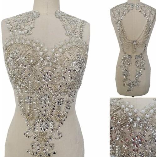 1Piece Bridal Dress Body Designer Applique Silver Gold Beads Rhinestone Bodice Applique On Mesh Patch