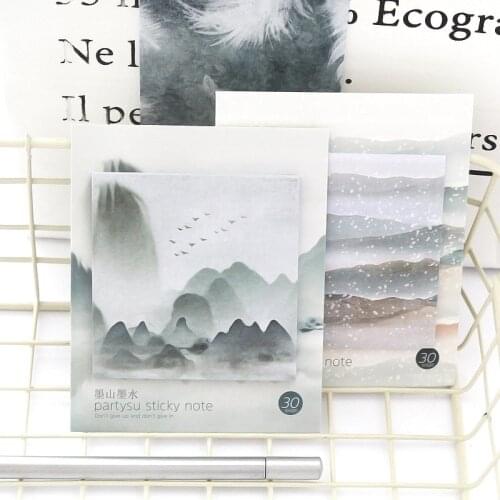 30Sheets/Pack Scenery Illustration Pad Self-Adhesive Memo Pad Sticky Notes Bookmark Stationery School Office Supplies