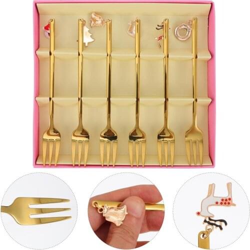 6pcs Stainless Steel Fruit Fork Cake Snack Dessert Fork Coffee Tea Ice Cream Cheese Cutlery Fork Christmas Kitchen Tableware