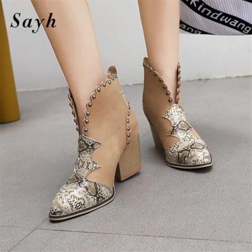 2020 Female Autumn Winter Snake Print PU Leather Cowboy Ankle Boots Rivet Women Wedge High Heel Booties Snake Print Botas Mujer