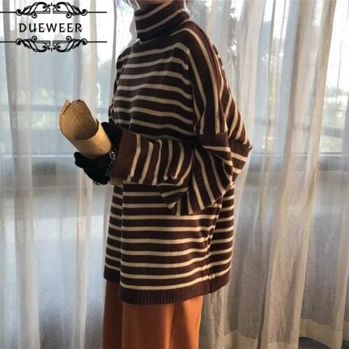 DUEWEER Sweaters Women Knitted Pullovers Turtleneck Striped Long Sleeve Harajuku Leisure Chic Loose Elegant Warm All-match Soft