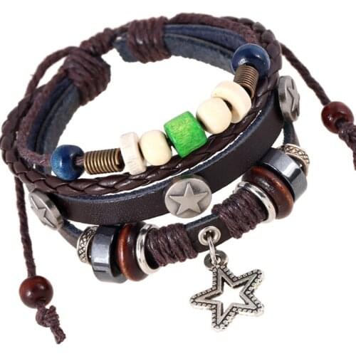 Gnova New Fashion Retro Alloy Beads Bracelets Jewelry Star Vintage Leather Bracelet Bangle For Women Men Wholesale