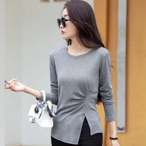Korean Fashion Patchwork Irregular t shirt women Solid Stretch O-Neck Long Sleeve Slim Women Tops plus size women clothing