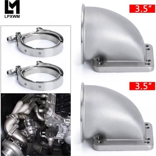 LPXWM- 1 Pair 3.5\" Vband 90 Degree Cast Turbo Elbow Adapter Flange 304 Stainless Steel Clamp and Flange For T3 T4 Turbocharger