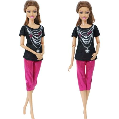 Fashion Handmade Outfit Daily Casual Wear Necklace Pattern T-Shirt Rose Red Short Pants Clothes For Barbie Doll Accessories Toy