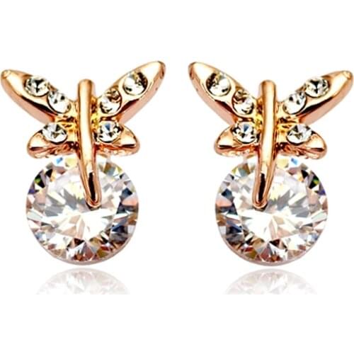 MOONROCY Free shipping Zirconia fashion jewelry wholesale Rose Gold Color Dragonfly Earrings Jewelry Cute Earrings Gift
