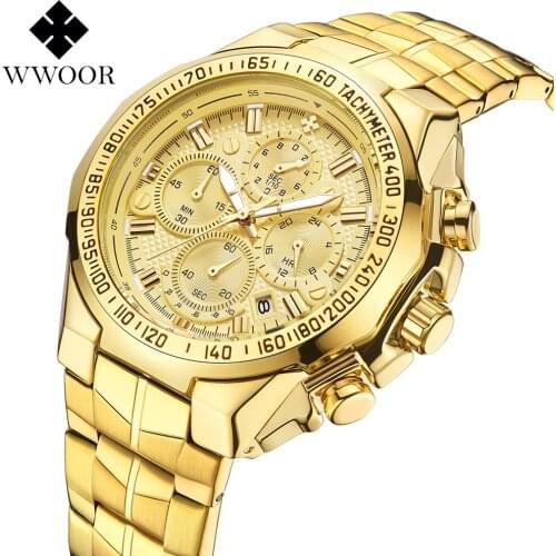 WWOOR Top Brand 2019 New fashion Luxury Big Dial Men Military Quartz Watch Stainless Steel Casual Sport Business Gold Wristwatch