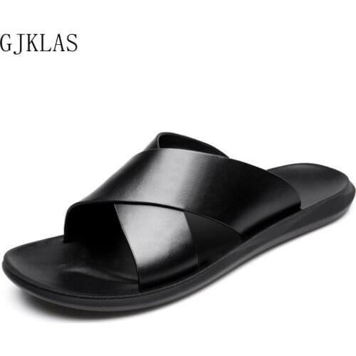 Genuine Leather Mens Slippers Outdoor Beach Shoes Comfy Black Slippers Men Summer Casual Shoes Fashion Brown Shoes Man Slipper