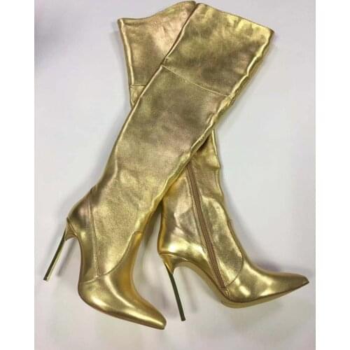 Newest Tall Boots Stilettos Gold Leather Metallic Over The Knee Women Boots Fashion Thigh High Booties