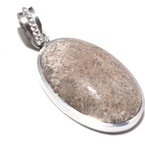 Fossil Coral Pendant Silver Overlay over Copper , 54 mm , P7458