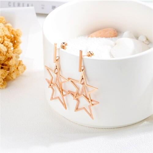 Japanese and Korean fashion titanium steel double layer five-pointed star ladies pendant long rose gold plated earrings