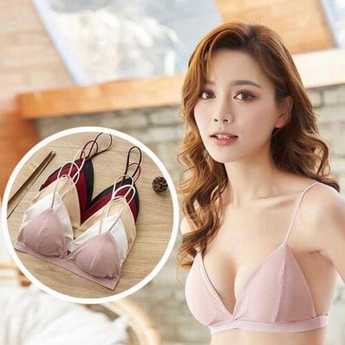 Women Sexy Bras French Style Camisoles Triangle Cup Thread Breathable Thin Shoulder Strap Soft Beauty Back Deep V-Neck Solid