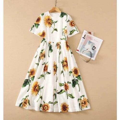 Newest Fashion Summer Dress 2021 High Quality Women Colorful Floral Print Short Sleeve Mid-Calf Casual White Dress Clothes Lady