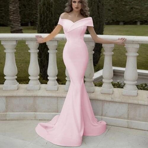 Off Shoulder Pink Evening Dresses Mermaid Simple Prom Dress Zipper Back Plus Size Formal Party Gowns Robe De Soiree Cheap 2020