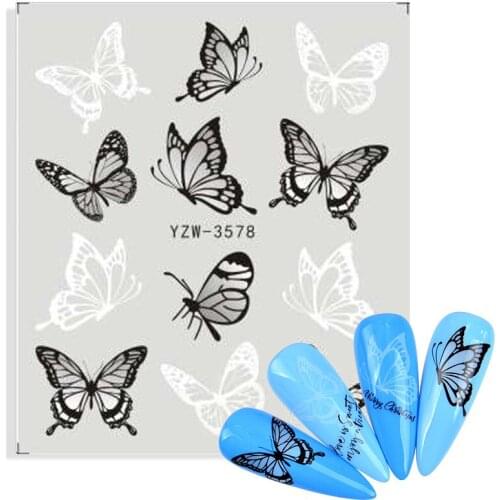 1pcs Nail Art Stickers Slider Black White Butterfly Transfer Water Colorful Floral Manicure Decals Nail Art Decor Foil Tattoos