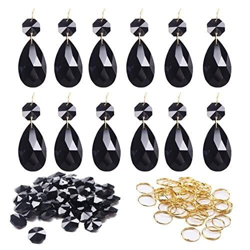 12x 38mm Galss Crystal Teardrop Chandelier Prisms Parts Hanging Pendants Beads +50x Split Ring + 50x 14mm Octagonal Beads Black