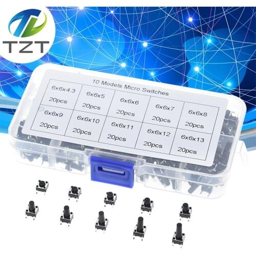200PCS 10 models 100pcs 6*6 Tact Switch Tactile Push Button Switch Kit, Height: 4.3MM~13MM DIP 4P micro switch 6x6 Key switch