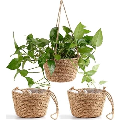 3Pcs Seagrass Hanging Planter Basket,Woven Indoor Outdoor Flower Pot Plant Hanger Succulent Potted Container Home Decor
