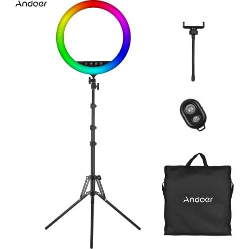 Andoer 18 Inch RGB Ring Light 2500K-8500K Touch Button/APP Control+190cm Light Stand+Phone Clip+Wirelss Remote Shutter+Carry Bag