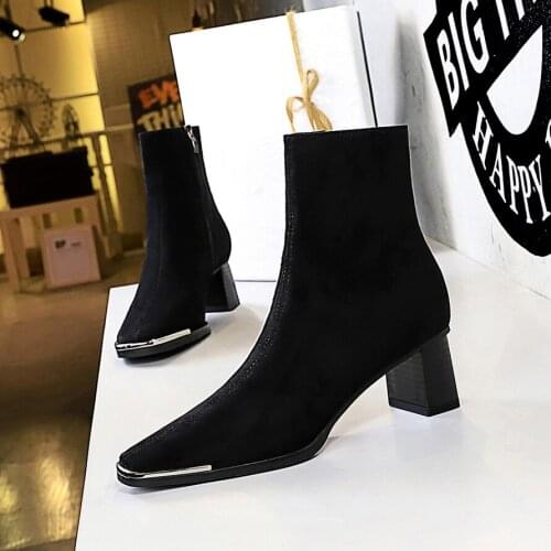 Chelsea Boots Ankle Zipper Square Heel Metal Square Toe Flock Solid Adult Autumn Black Size 34-40 Fashion New 2020 Women Shoes