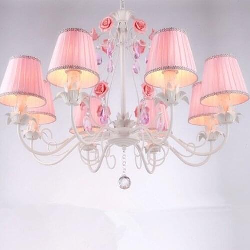 Keroan garden Romantic pendant light white wrought iron pink ceramic flowers glass lampshade