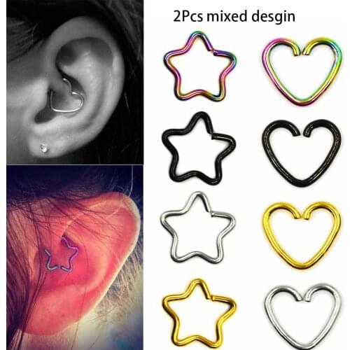 2pc Daith Heart Ring Star Shape Tragus Cartilage Orbital Ear Helix Fake Tragus Piercings Hoop Ear Studs Lip Nose Rings Jewelry