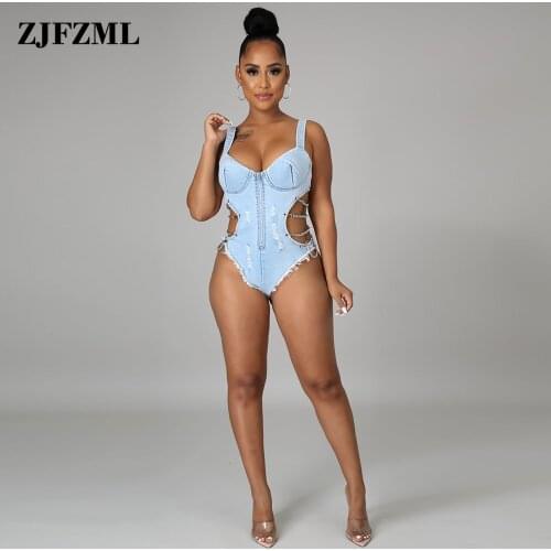 Side Chain Patchwork Hollow Skinny Bodysuit Women Deep V Neck Sleeveless Bodycon Overall Fashion Beach Style Denim Jumpsuits
