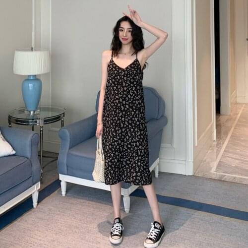 Korean Fashion Womens Dress Floral Sleeveless V-neck Sling Long Dresses Summer 2021