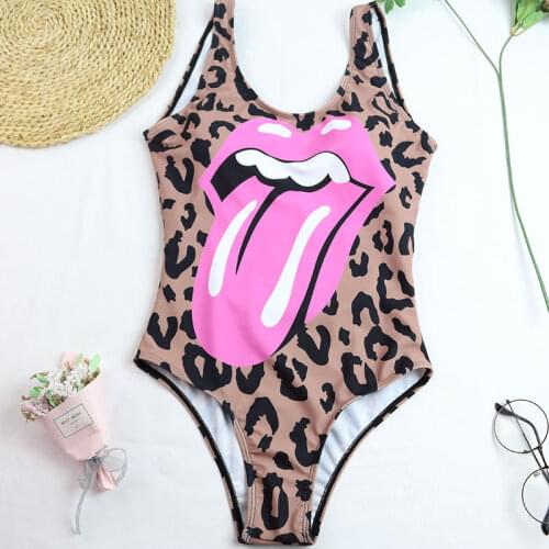 Tongue Print Swimsuit Women One Piece Swimwear Bodysuits Monokini Bathing Suits Stones Backless Beachwear Swimming Suits Leopard