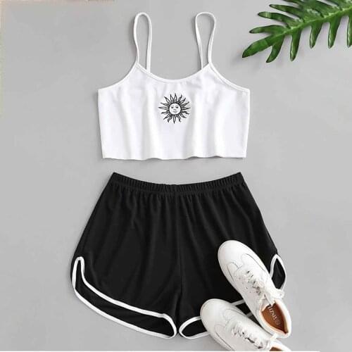 Summer Women Camis Set White Spaghetti Strap Crop Top And Mini Biker Shorts Two Piece Sets Sexy Outfit Party Tracksuits 2021