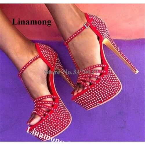 Linamong Bling Bling Rhinestone High Platform Stiletto Heel Sandals Charming Red Crystal Super High Heel Sandals Wedding Heels