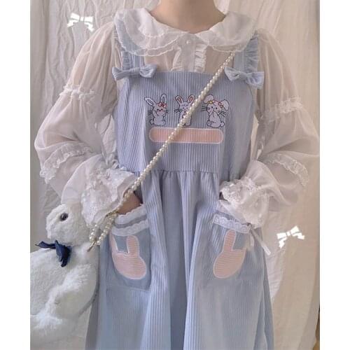 Japanese Mori Girl Lolita Kawaii Corduroy Dress Vintage Harajuku Cute Rabbit Bow-Knot Strap Dress Bunny Pink Overalls Teens Girl