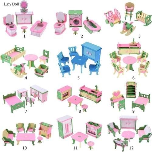 Miniature Furniture Doll House Wooden DIY Bathroom DIY House Furniture Living Room Kitchen House Doll House Toys For Girls Gifts