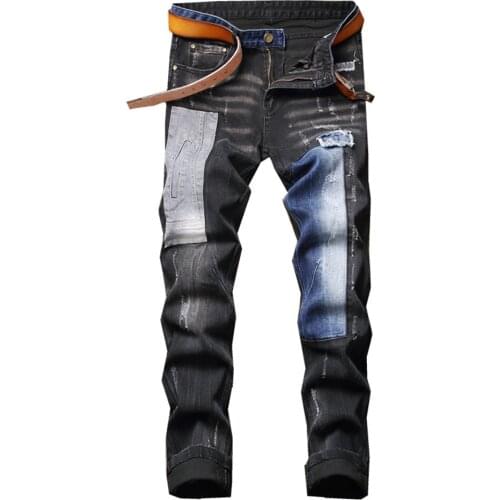 Mens Patchwork Ripped Denim Jeans Mid Waist Slim Black Stretch Pants Trendy Patch Design Spliced Trousers