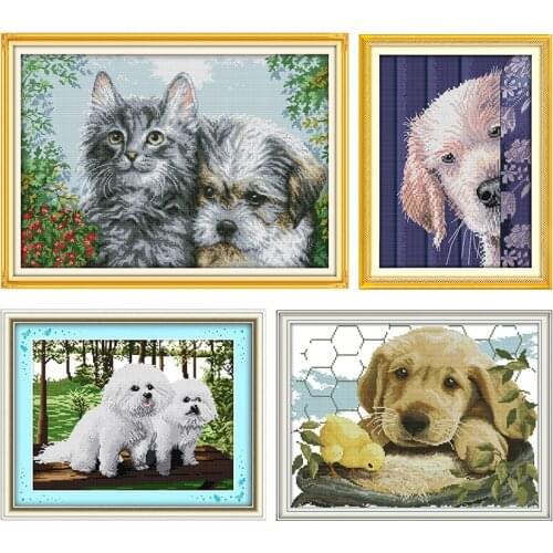 Kitten and Puppy Cross Stitch Kits Stamped 11CT 14CT Printed Crafts Home Decor Thread Embroidery Needlework Set Counted Patterns