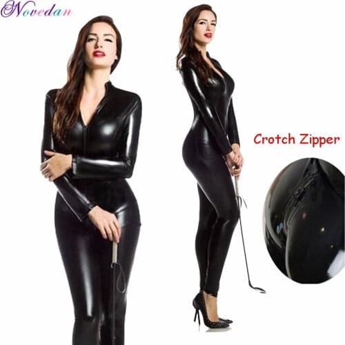 New Sexy Wetlook PVC Latex Bodysuit For Women Double Zipper Open Crotch Nightclub Dance Wear Leather Lingerie Catsuit