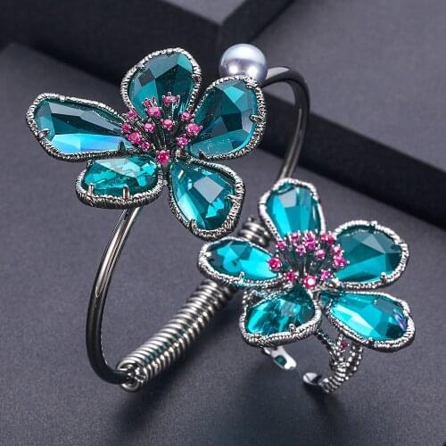 Jankelly Luxury flowershape Bangle Ring Sets Fashion Dubai Silver Bridal Jewelry Sets For Women Wedding brincos para as mulheres