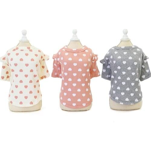 Pink Beige Gray Cotton Pet Clothes Warm Hoodies Tshirt Heart Pattern O-neck Lace Short Sleeve Sweater Sweatshirt For Small Dogs