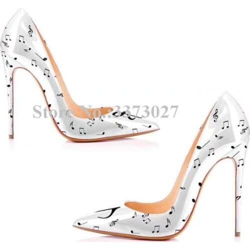 Lady Fashion Music Note White Black Pumps Shoes New Pointed Toe Stiletto Heel Single Shoes Women Sexy Party High Heels Dropship
