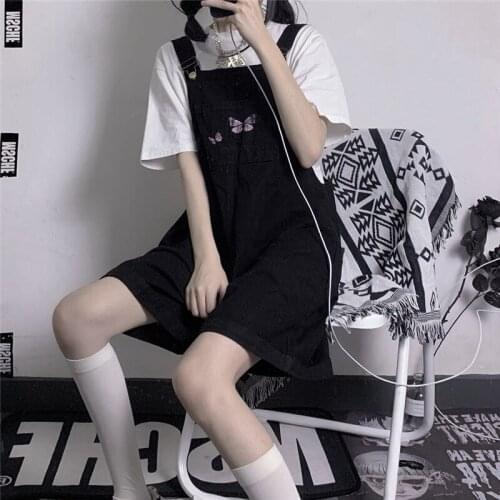 Streetwear Harajuku Korean Daniel Tooling Casual Cargo Short Overalls High Waist Loose Butterfly Embroidery Black Harem Rompers