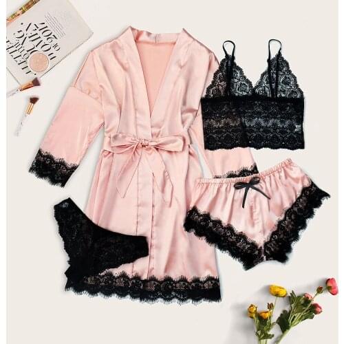 4PCS/Sets Women Satin Sleepwear Lace Crop Tops + Thongs +Shorts Pants + Nightgown Robe Lingerie Porno Babydoll Nightwear 3XL