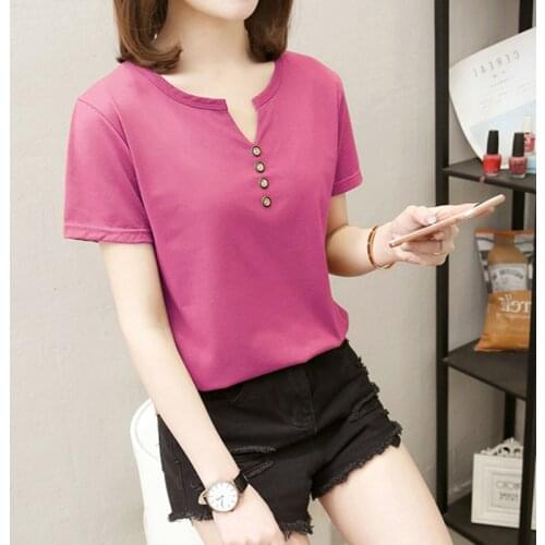 Cotton V-neck Short Sleeve T-shirt Female 2021 Summer New Fashion Temperament Students Versatile Womens Solid Color Top