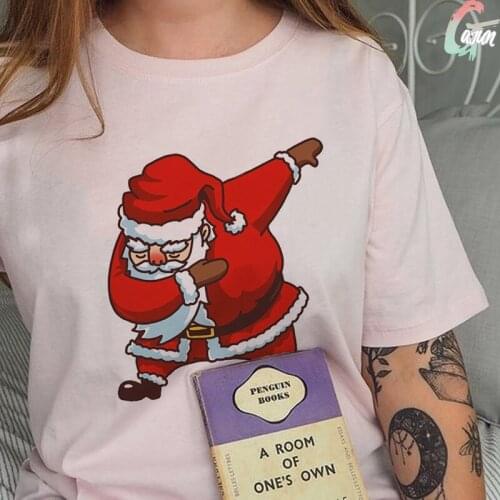 Merry Christmas Santa Claus Print Suitable All Seasons Woman Pink-T-shirt Vintage Harajuku Casual Loose T Shirt Female Tops
