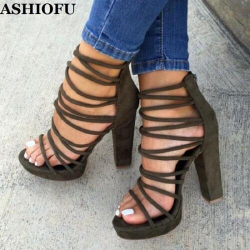 ASHIOFU Handmade Women Chunky Heel Sandals Thin-striped Party Summer Shoes Platform Casual Daily Wear Fashion Sandals Shoes