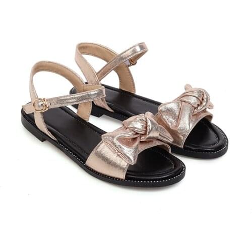 ZJVI Women Summer Ankle Strap Flat Sandals Woman Flats Shoes Sandalias New Casual Party 2021 Children Girls Bowtie Gold Pink PU