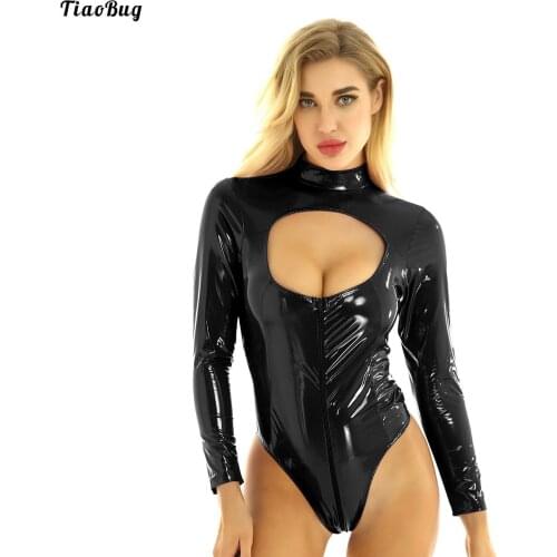 TiaoBug Womens One-Piece Wet Look Patent Leather Lingerie Mock Neck Long Sleeves Breast Hollow Out Leotard Bodysuit Nightwear