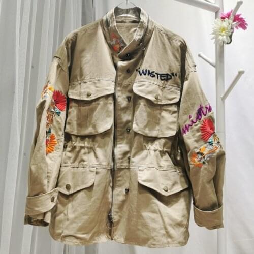 TVVOVVIN New Tooling Style Embroidery Letter Loose Pleated Female Coat Female Stand Collar Multi-pocket Long Sleeve Coat 0YTR