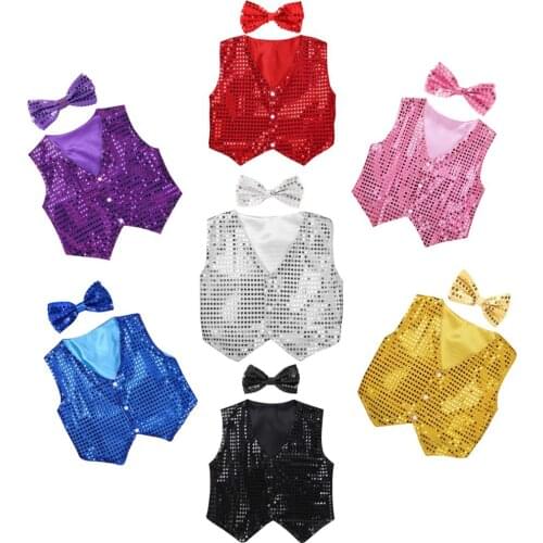 Boys Girls Jazz Dancewear Vest Bowknot set Kids Glitter Clothes Choir Costume Childrens Hip-hop Jazz Dance Sequined Vest